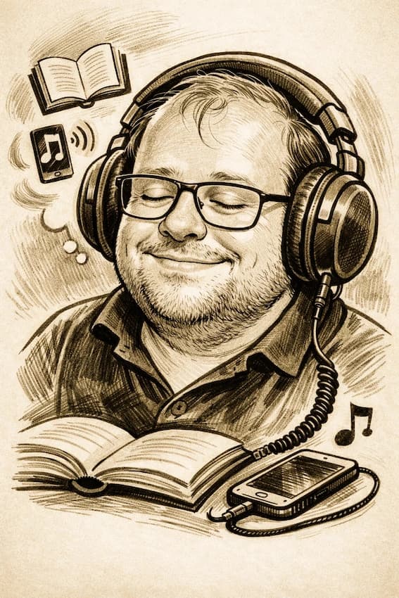 Illustration of a happy reader with headphones and a book