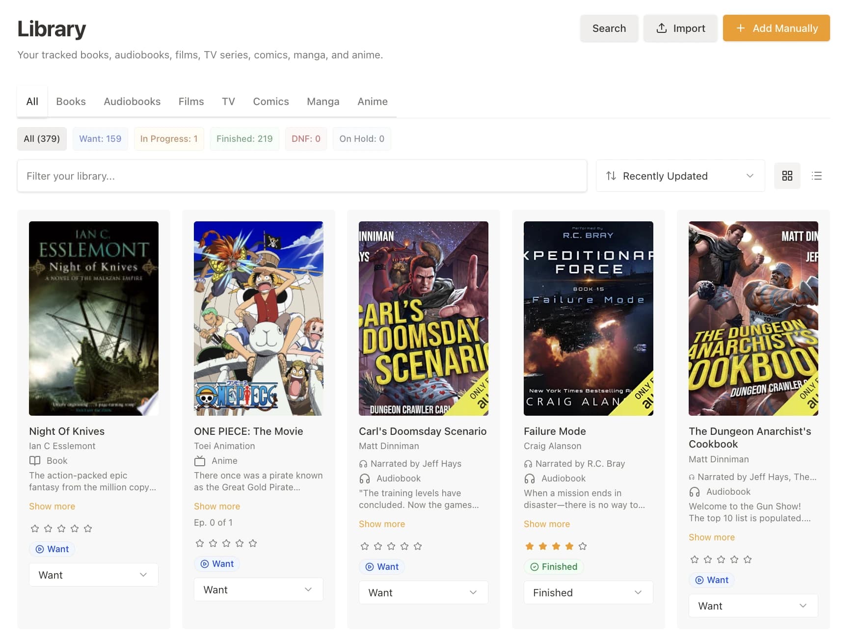 Shelved library view with real covers, statuses, ratings, and progress
