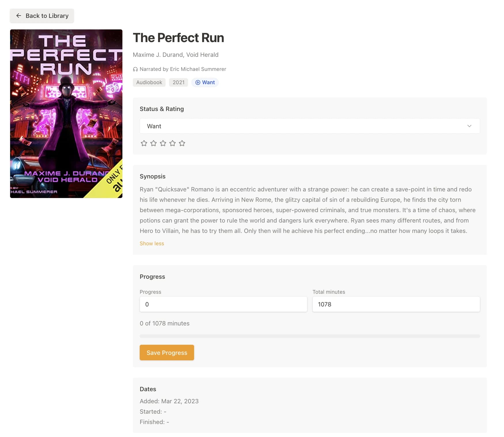 Shelved media detail page showing progress, notes, and metadata