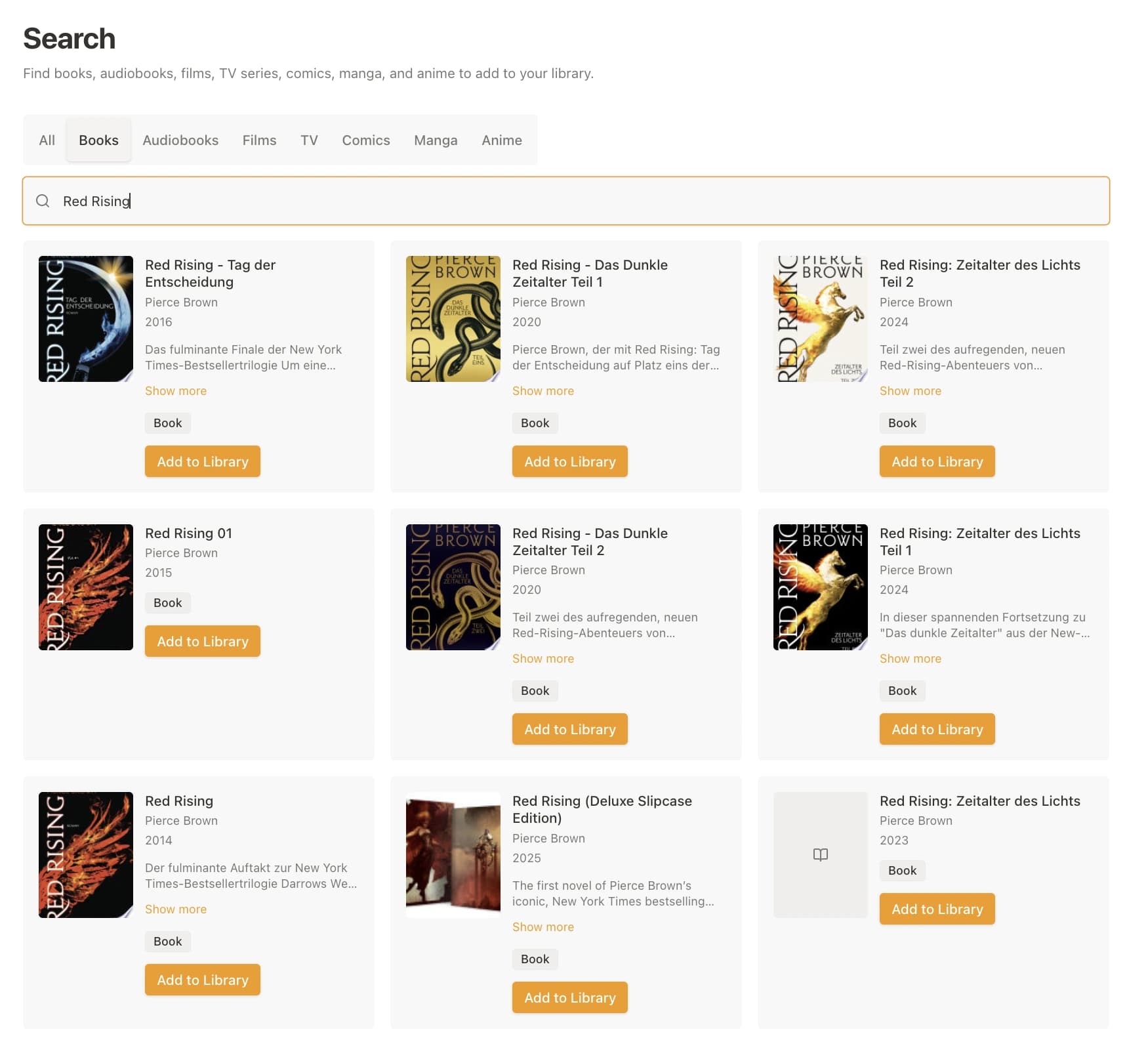 Shelved search page with results from external media APIs